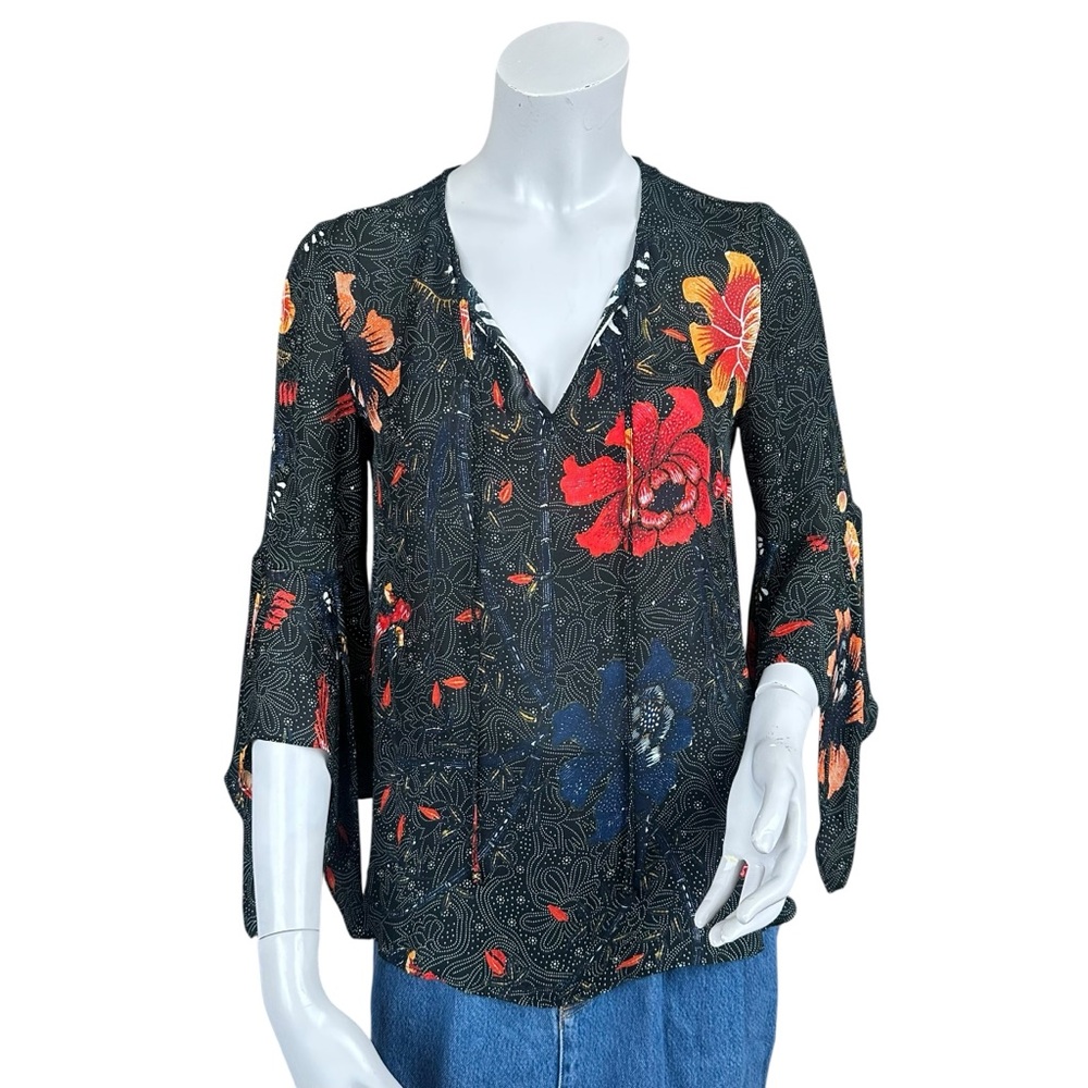 Kobi Halperin Black Floral Print Silk Flutter Sleeve Blouse Size XS